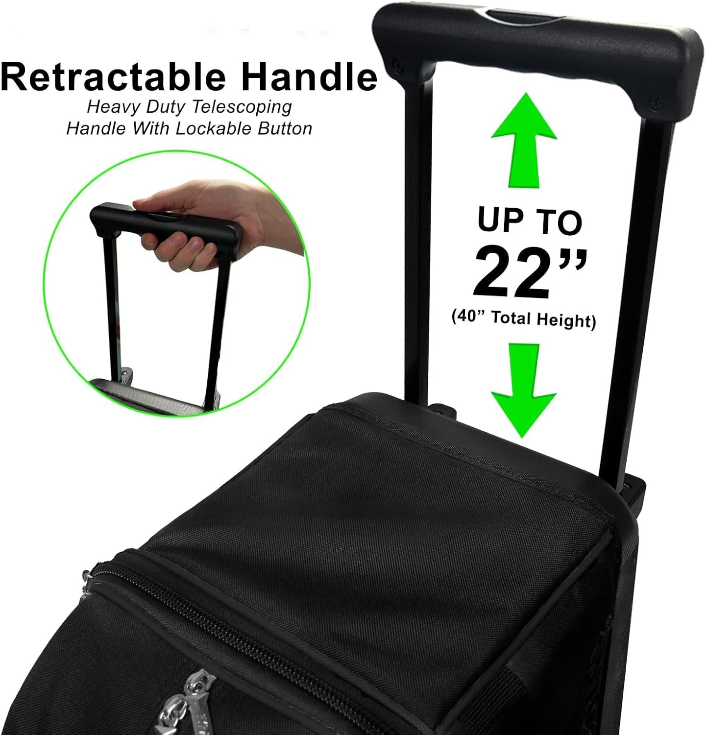 Prime Double Roller 2 Ball Bowling Bag with Large Separate Compartment for Bowling Shoes (Up to US Mens Size 15) or Accessories, Retractable Handle - Extends to 40"