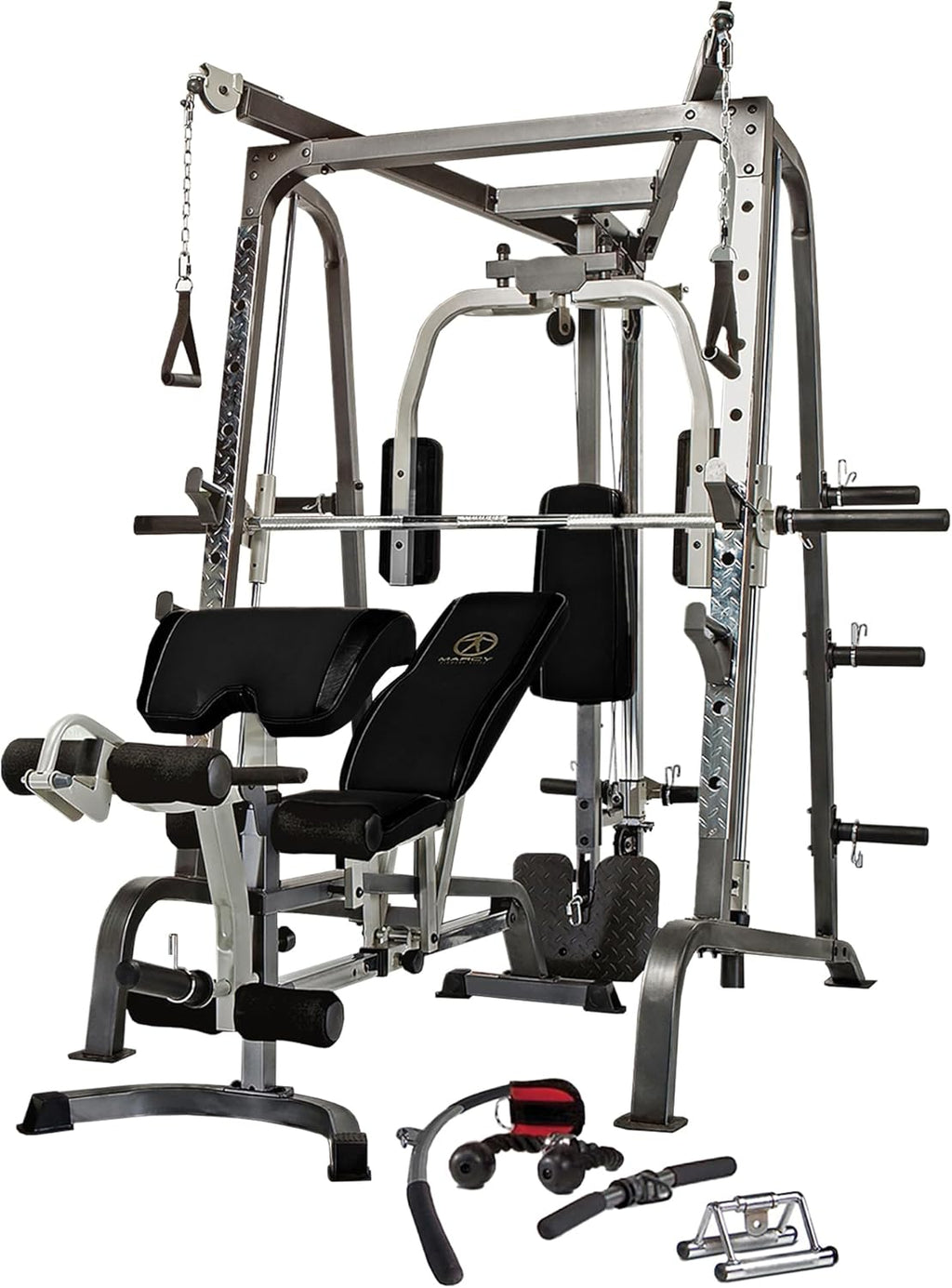 Pro Smith Cage Workout Machine Full Body Training Home Gym System with Leg Developer, Press Bar, Cable Crossovers and Squat Rack, White