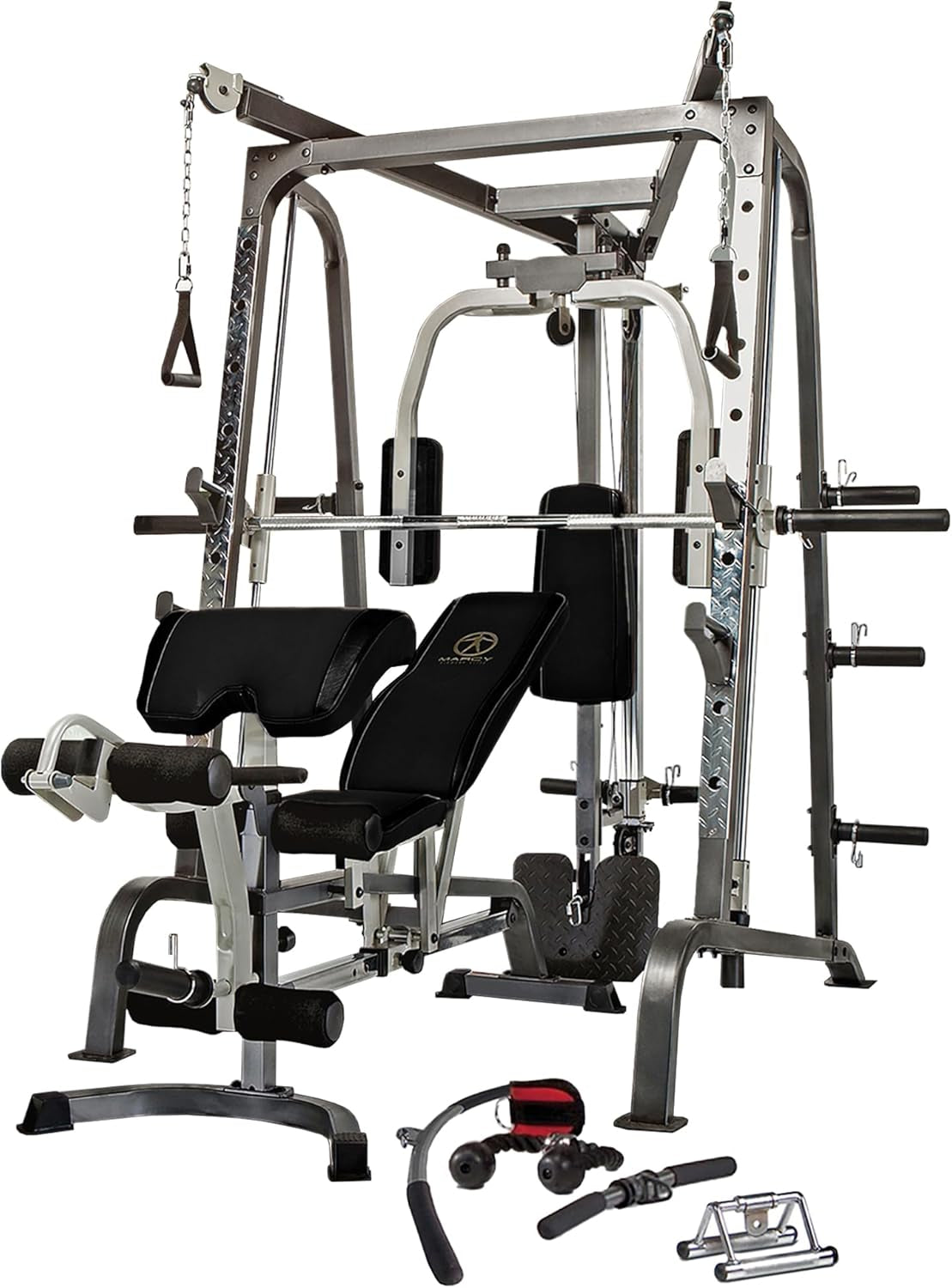 Pro Smith Cage Workout Machine Full Body Training Home Gym System with Leg Developer, Press Bar, Cable Crossovers and Squat Rack, White
