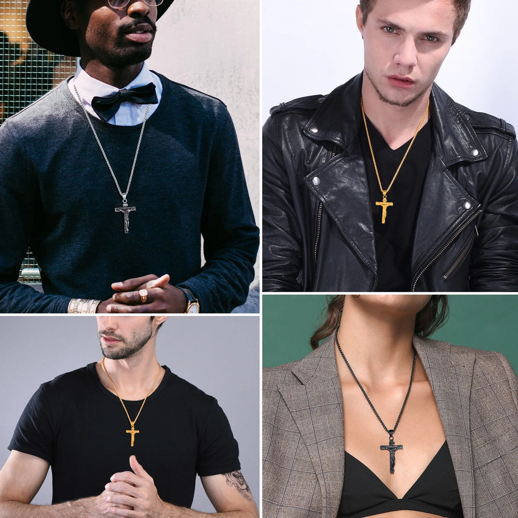 Men Cross Necklace Stainless Steel INRI Crucifix Pendant Necklace Jesus Piece Religious Praying Jewelry for Christian Dad Father'S Day Gift