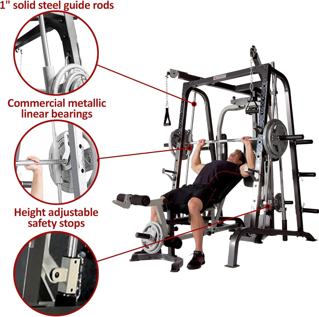 Pro Smith Cage Workout Machine Full Body Training Home Gym System with Leg Developer, Press Bar, Cable Crossovers and Squat Rack, White