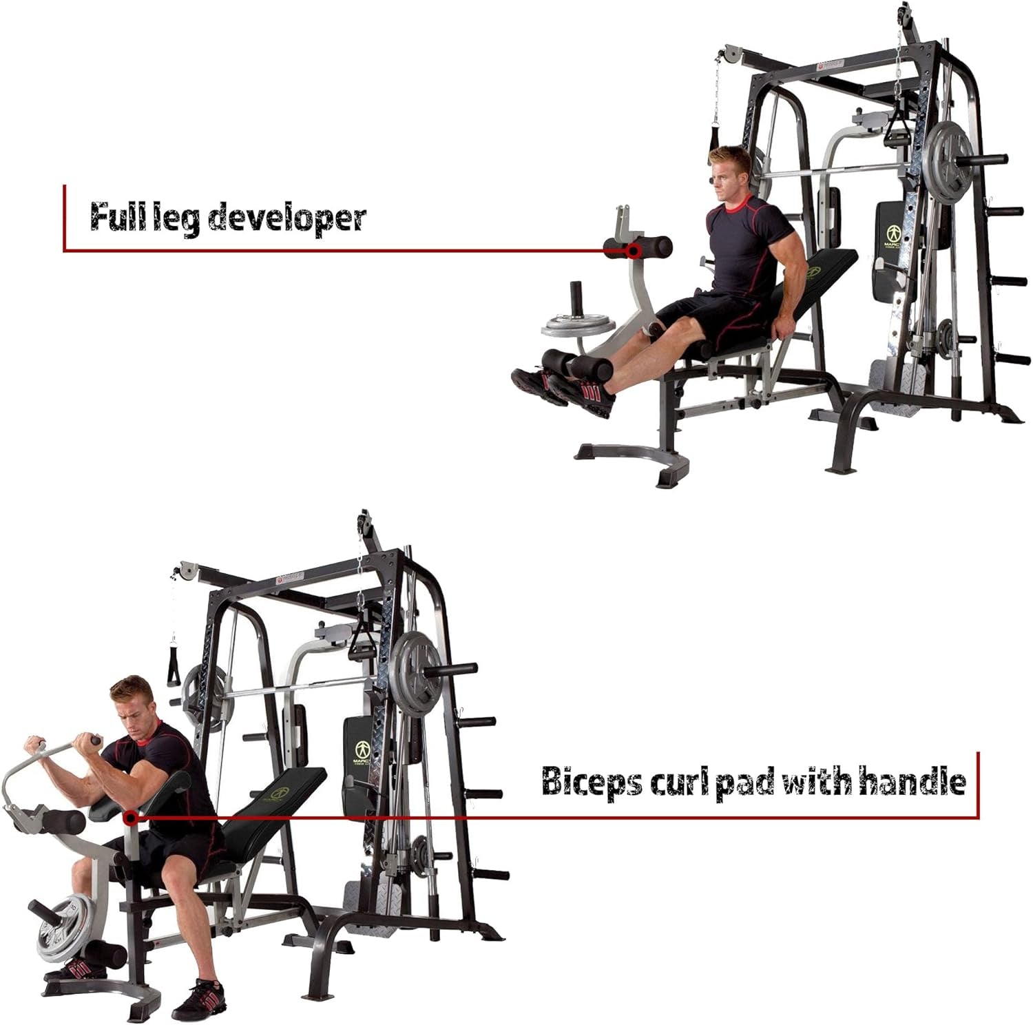 Pro Smith Cage Workout Machine Full Body Training Home Gym System with Leg Developer, Press Bar, Cable Crossovers and Squat Rack, White