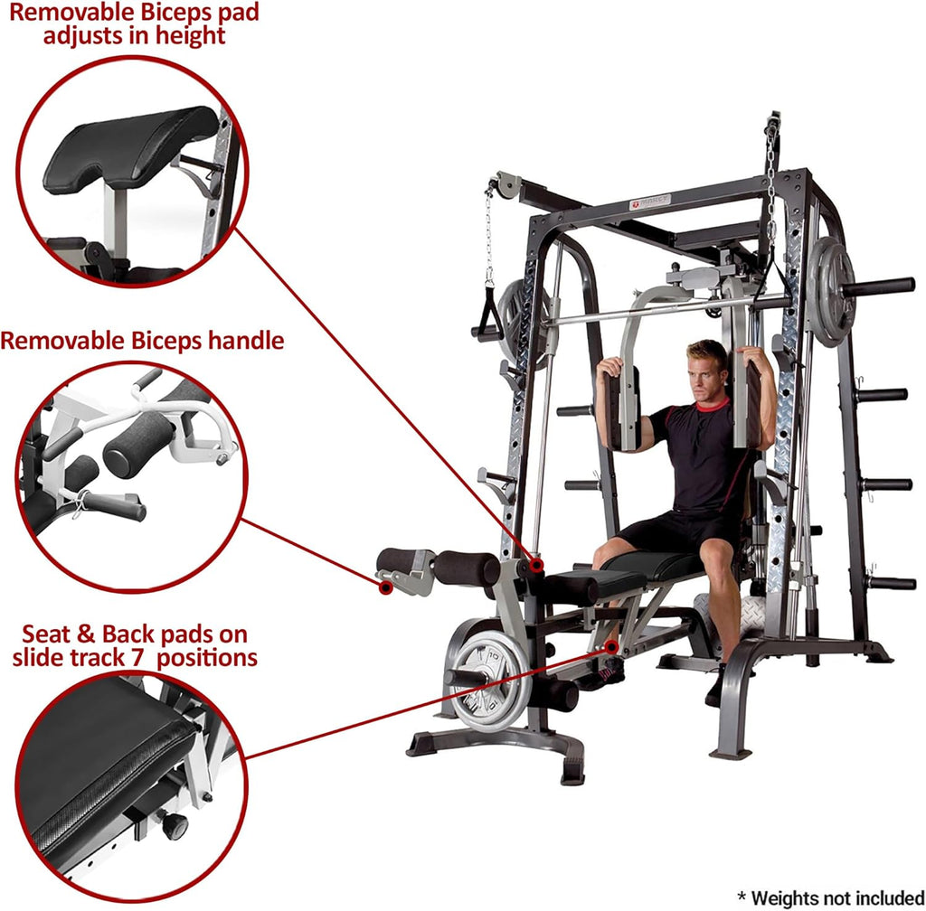 Pro Smith Cage Workout Machine Full Body Training Home Gym System with Leg Developer, Press Bar, Cable Crossovers and Squat Rack, White