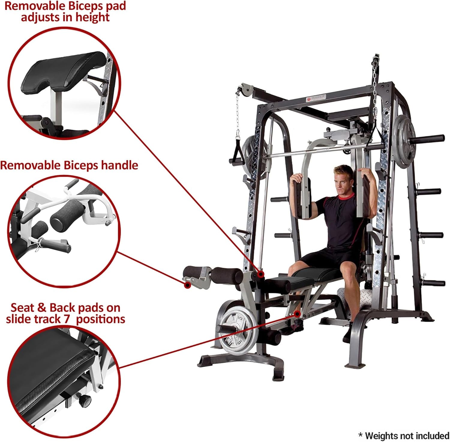 Pro Smith Cage Workout Machine Full Body Training Home Gym System with Leg Developer, Press Bar, Cable Crossovers and Squat Rack, White