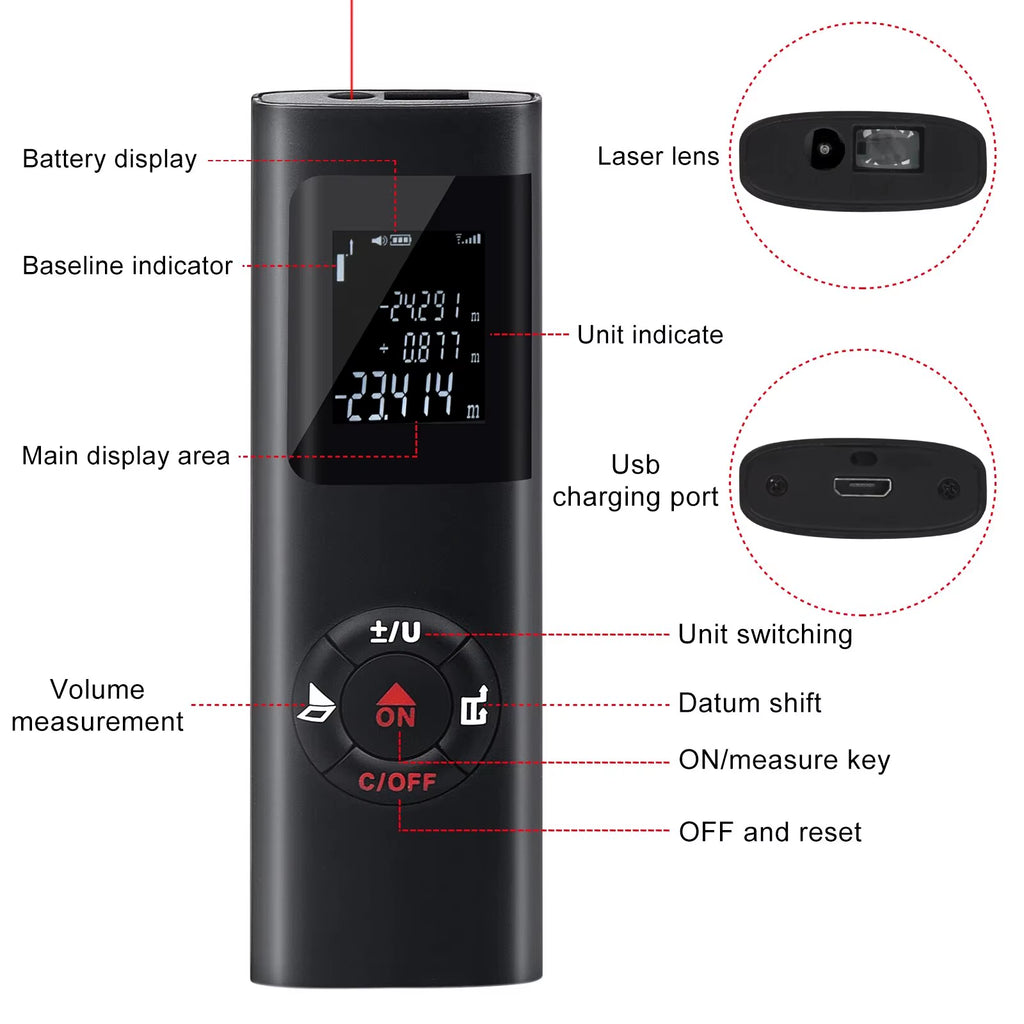 SmartMeasure 40M/60M Mini Laser Distance Meter – USB Rechargeable Handheld Rangefinder for Accurate Measurements
